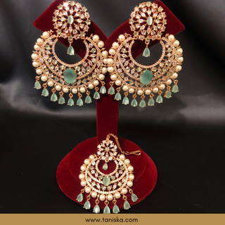 American Diamond Style Earring & Tikka Set - Mint/Rose Gold (Limited Edition)