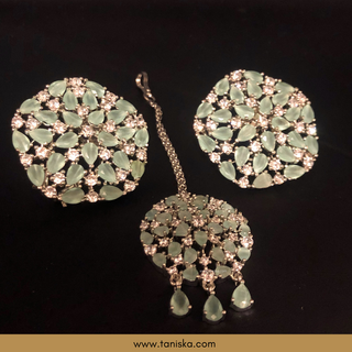 American Diamond Style Earring & Tikka Set - Mint / Silver