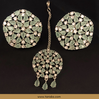 American Diamond Style Earring & Tikka Set - Mint / Silver