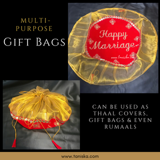 "Happy Marriage" - 1 Red Multi-Purpose DORI RUMAL (Gift Bag, Thaal Cover, Potli Bag - Perfect for: Indian Wedding, Shagan Ceremony, Chunni Charhana, Bridal Shower, Baby Shower, Maiyan, Weddings, Favors, Shaadi, Walima)