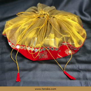 "Happy Marriage" - 1 Red Multi-Purpose DORI RUMAL (Gift Bag, Thaal Cover, Potli Bag - Perfect for: Indian Wedding, Shagan Ceremony, Chunni Charhana, Bridal Shower, Baby Shower, Maiyan, Weddings, Favors, Shaadi, Walima)