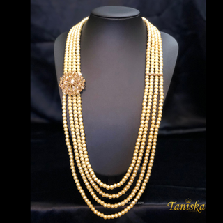 The Regent’s Bloom | Floral Medallion Pearl Mala | Antique Gold 4 Layered Pearl Mens / Groom Mala