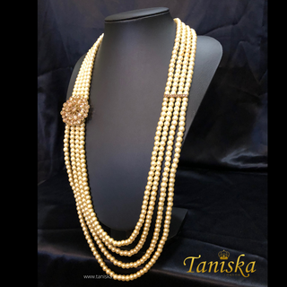 The Regent’s Bloom | Floral Medallion Pearl Mala | Antique Gold 4 Layered Pearl Mens / Groom Mala