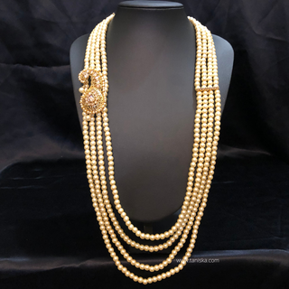 The Nobleman’s Strand | Multi-Layered Pearl Mala with Brooch | Antique Gold 4 Layered Pearl Mens / Groom Mala