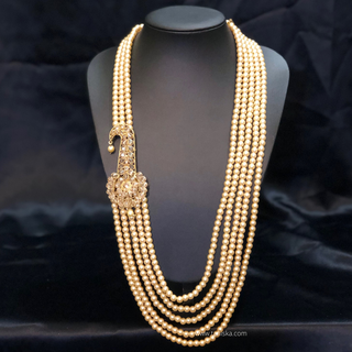 The Regent’s Heirloom | Grand Pearl Mala with Filigree Brooch | Antique Gold 5 Layered Pearl Mens / Groom Mala