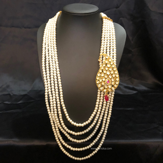The Rajwada Sovereign | Grand Kundan & Gold Mala | Pearl White Kundan 5 Layered Mens / Groom Mala