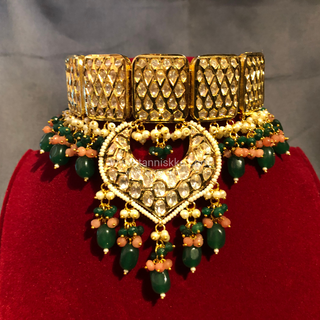 MEHAR Designer Bottle Green/Peach Kundan Necklace Set