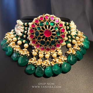 DEEPIKA Emerald Green / Hot Pink Pachi Kundan Necklace Set