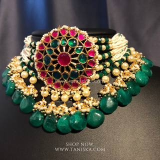 DEEPIKA Emerald Green / Hot Pink Pachi Kundan Necklace Set
