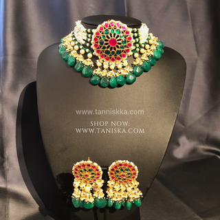DEEPIKA Emerald Green / Hot Pink Pachi Kundan Necklace Set