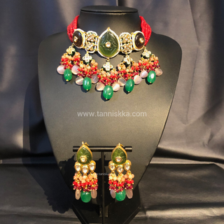 ZOYA Emerald/Red/Peach Combo Kundan Necklace Set