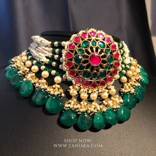 DEEPIKA Emerald Green / Hot Pink Pachi Kundan Necklace Set