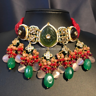ZOYA Emerald/Red/Peach Combo Kundan Necklace Set