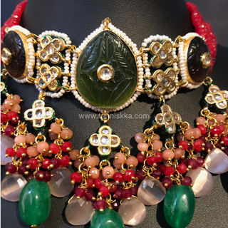 ZOYA Emerald/Red/Peach Combo Kundan Necklace Set