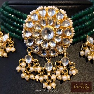 ANAYAT Dark Bottle Green Pachi Kundan Necklace Set