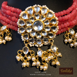 ANAYAT Rose Pink Pachi Kundan Necklace Set