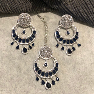 American Diamond Style Earring & Tikka Set - Navy / Silver