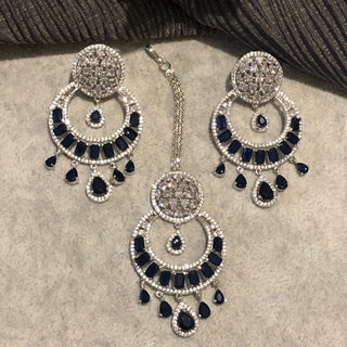 American Diamond Style Earring & Tikka Set - Navy / Silver