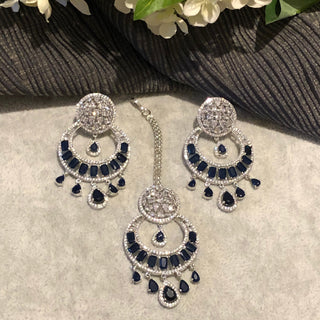 American Diamond Style Earring & Tikka Set - Navy / Silver