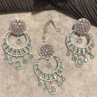 American Diamond Style Earring & Tikka Set - Mint / Silver