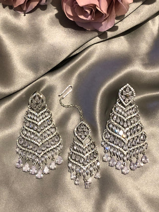 American Diamond Style Earring & Tikka Set - Silver