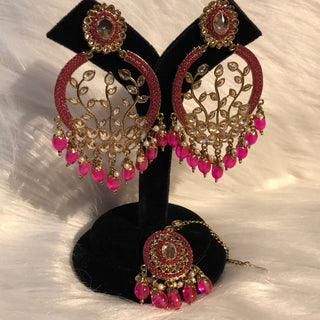 ALIA Designer Earring & Tikka Set - Hot Pink