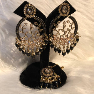 ALIA Designer Earring & Tikka Set - Midnight Black