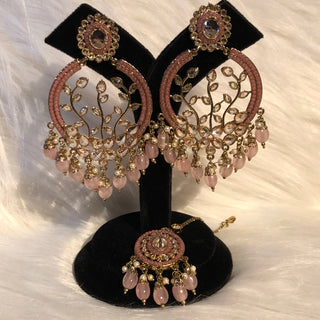 ALIA Designer Earring & Tikka Set - Baby Pink
