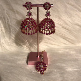 American Diamond Style Earring & Tikka Set - Hot Pink / Rose Gold