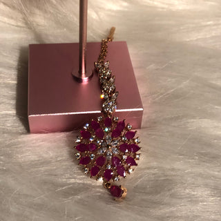 American Diamond Style Earring & Tikka Set - Hot Pink / Rose Gold