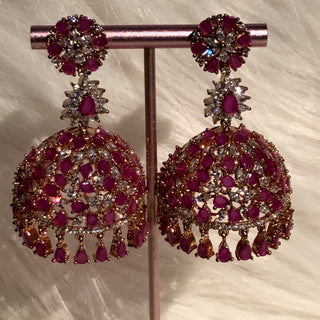 American Diamond Style Earring & Tikka Set - Hot Pink / Rose Gold