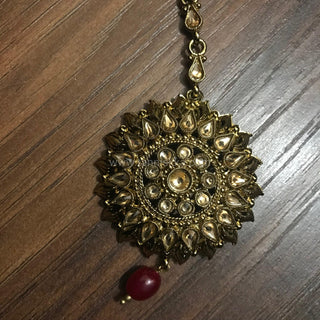 MEHAR Antique Gold Earrings & Tikka - Ruby