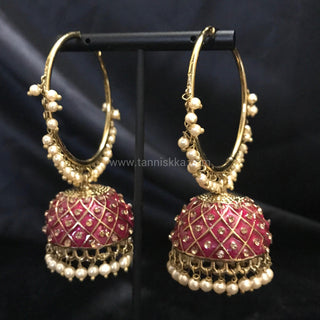 Antique Gold Earrings (Jhumkis) - Ruby
