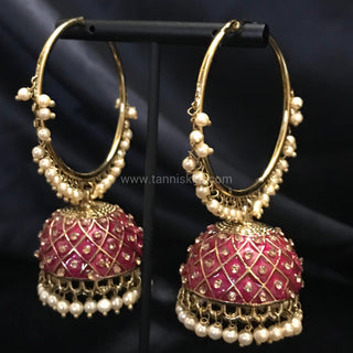 Antique Gold Earrings (Jhumkis) - Ruby