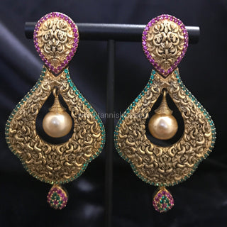 Antique Golden Earrings & Tikka - Golden, Hot Pink, Mint Tones