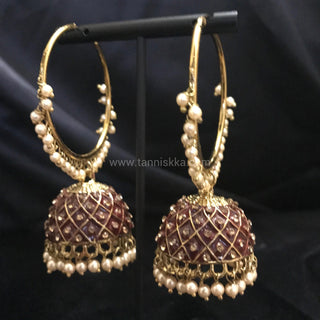 Antique Gold Earrings (Jhumkis) - Maroon