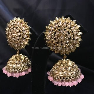 MEHAR Antique Gold Earrings & Tikka - Baby Pink