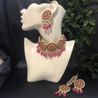 Pearly Antique Gold Necklace Set (Necklace, Earrings, Tikka) - Golden / Hot Pink