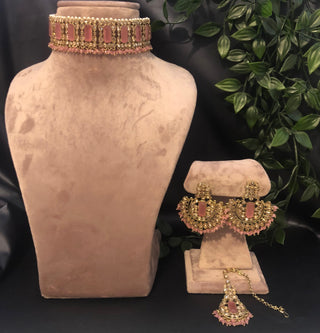 Pearly Antique Gold Necklace Set (Necklace, Earrings, Tikka) - Golden / Baby Pink