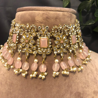 Pearly Antique Gold Necklace Set (Necklace, Earrings, Tikka) - Golden / Baby Pink