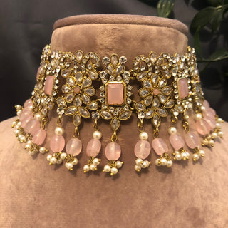 Pearly Antique Gold Necklace Set (Necklace, Earrings, Tikka) - Golden / Baby Pink