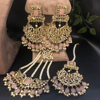 Pearly Antique Gold Necklace Set (Necklace, Earrings, Tikka) - Golden / Baby Pink
