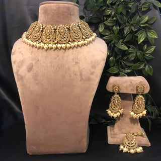 Pearly Antique Gold Necklace Set (Necklace, Earrings, Tikka) - Golden / Peachy Pink