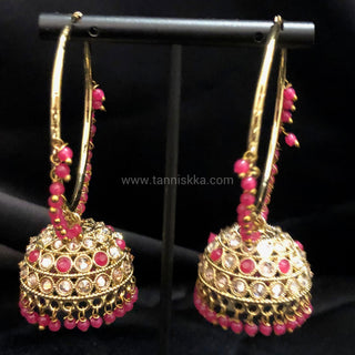 ADITI Antique Gold Jhumki - Hot Pink