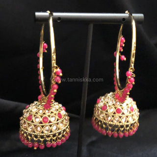 ADITI Antique Gold Jhumki - Hot Pink