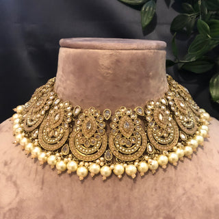 Pearly Antique Gold Necklace Set (Necklace, Earrings, Tikka) - Golden / Peachy Pink