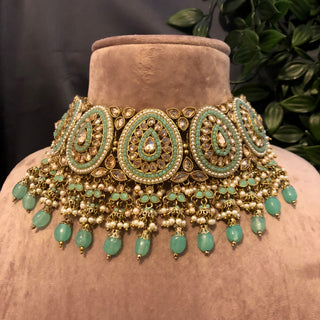 Pearly Antique Gold Necklace Set (Necklace, Earrings, Tikka) - Golden / Mint