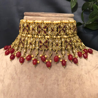 Pearly Antique Gold, Double Choker Necklace Set (Necklace, Earrings, Tikka) - Golden / Maroon
