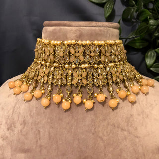Pearly Antique Gold, Double Choker Necklace Set (Necklace, Earrings, Tikka) - Golden / Peach