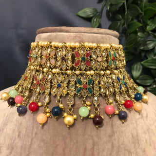 Pearly Antique Gold, Double Choker Necklace Set (Necklace, Earrings, Tikka) - Golden / Multi